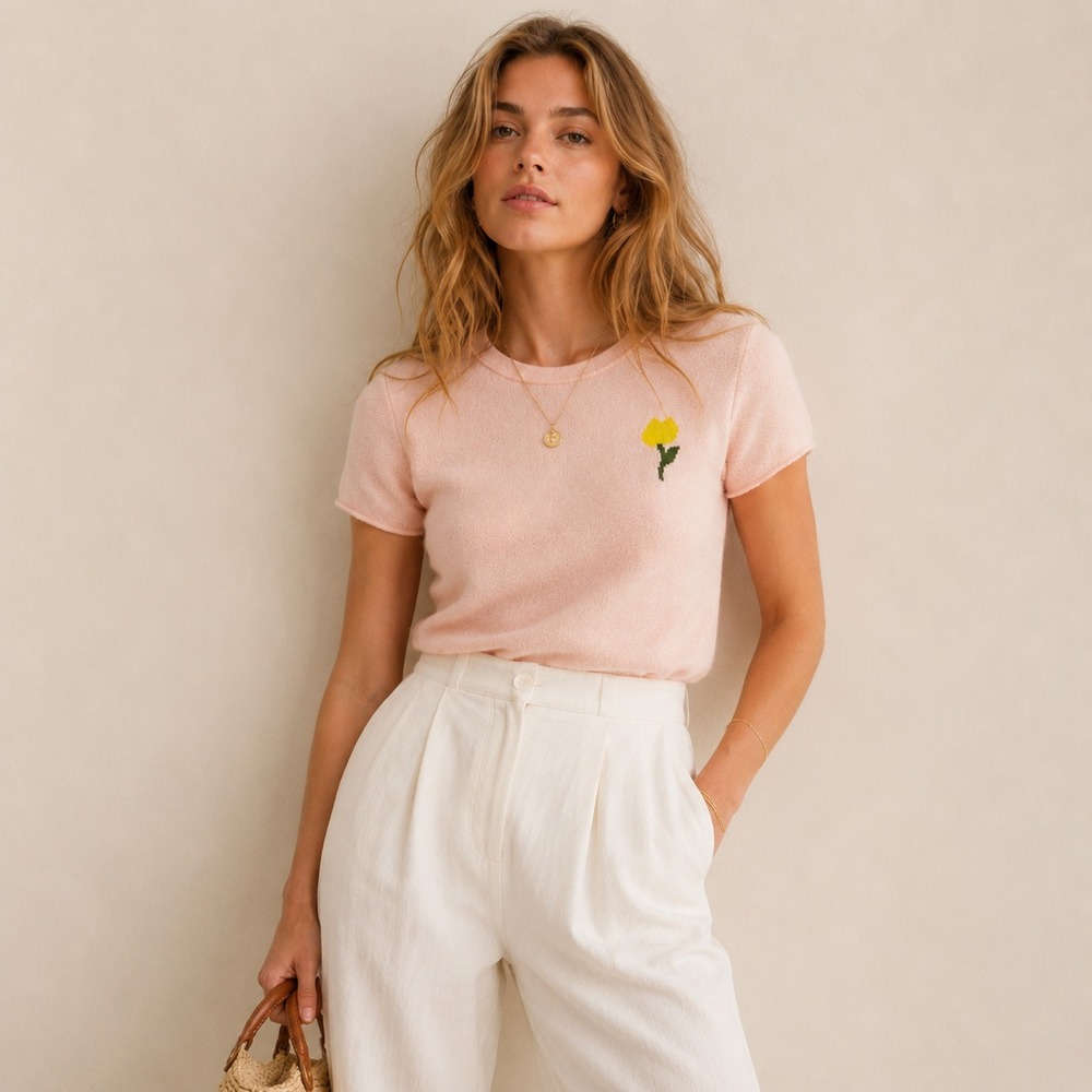 J.Crew Cashmere T-Shirt Pink Tulip Knit Top Sz L Crew Neck Tee